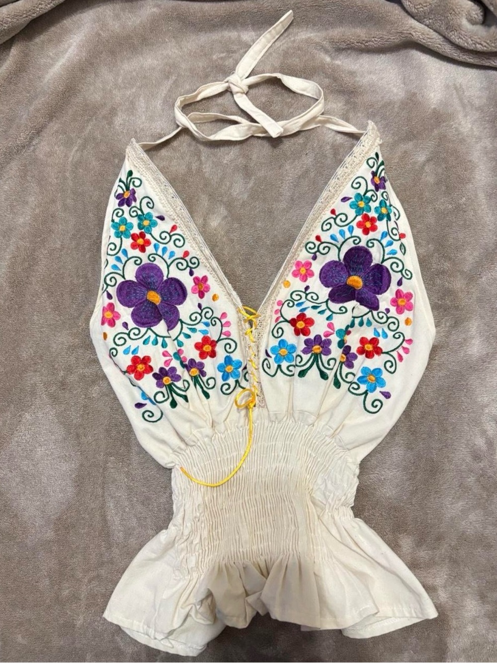 Embroidered Cream Halter Crop Top with Floral Appliqué